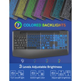 Wireless Keyboard with 7 Colored Backlits, Wrist Rest, Phone Holder, Rechargeable Ergonomic Computer Keyboard with Silent Keys, Full Size Lighted Keyboard for Windows, Mac, PC, Laptop (Large Print)