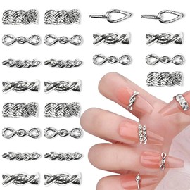 SILPECWEE 50pcs Silver Chain Nail Charms for Acrylic Nails 3D Metal Chain Buckle Twist Braided Nail Art Chains Nail Decorations Hollow Out Woven Rings Nail Studs Punk Nail Accessories