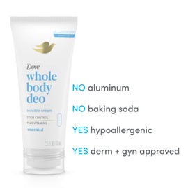 Dove Whole Body Deo Aluminum Free Invisible Cream Deodorant Unscented for 72h Odor Control, 2.5 oz