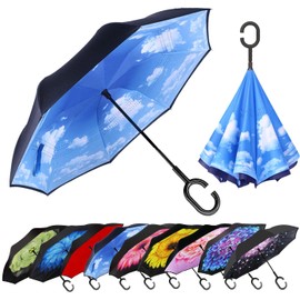 MRTLLOA 40/49/56 Inch Oversize Windproof Inverted Reverse Upside Down Umbrella, Golf Size Rain Umbrella, Double Layer, C-Shaped Handle for Men, Women and Kids(Sky Blue, 49 Inch)