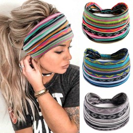 3PCS Boho Bandeau Headbands Wide Knot Hair Bands Stretch Elastic Floral Printed Hairband Yoga Sport Stylish Head Bands Hair Accessories for Women (Style1, One size)