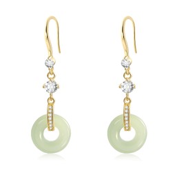 Gold and Jade Drop Earrings for Women - Green Gemstone Dangle Earrings with Cubic Zirconia, 14K Gold Hook Elegant Jewelry for Everyday/Wedding/Evening