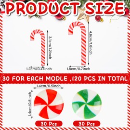 120 Pcs Christmas Mini Candy Canes Peppermint Ornament Fake Candy Xmas Rainbow Tiny Canes Ornament Decoration for Christmas Tree No Hole Hanging Craft DIY Scrapbooking(Assorted Size,Red, Green)