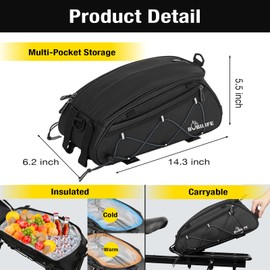 BOBILIFE Bike Rear Rack Insulated Trunk Bag - 10L Large Capacity Waterproof Bicycle Travel Expedition Back Rack Seat Cargo Carrier Bag for Bicycle, E-Bike and Motorcycle (Side Bags No Included)