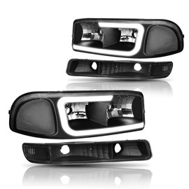 PM PERFORMOTOR [4Pcs-Set] LED DRL Headlights Assembly+Bumper Lamps Compatible with GMC Sierra Yukon XL 99-07,Black Housing/Clear Lens