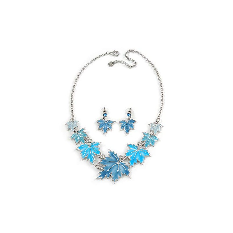 Avalaya Light Blue Enamel Maple Leaf Necklace and Drop Earrings