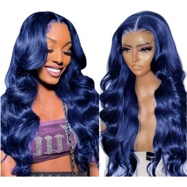 28 Inch Blue Lace Front Wig Human Hair Body Wave Dark Blue Colored 13x4 Lace Front Wigs PrePlucked Glueless Natural Hair Line 150% Density Brazilian Remy Human Hair Wigs Pre Plucked Human Hair