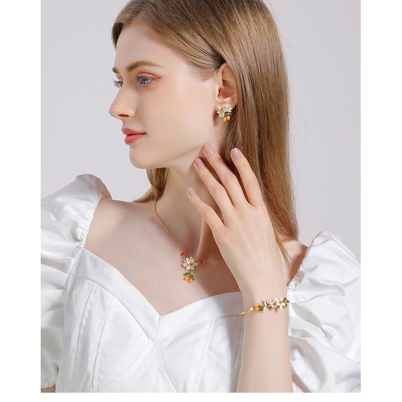 Kaipink Orange Blossom Flower Kumquat Pearl Enamel Bracelet Jewelry Gift