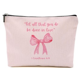 Bible Verse Makeup Bag for Women, Coquette Pink Bow Portable Travel Organizer Toiletry Pouch Cosmetic Bag with Zipper, Inspirational Roomy Makeup Bags Travel Accessories, Christian Gifts for Women