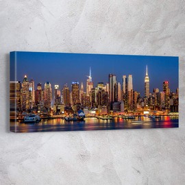 Awesometik" New York City Colored Skyline Panoramic or Multiple Panel Canvas Print Wall Art, Office Decor. Ready to Hang. Made in USA (45L x 18W)