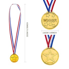 16 Pack Gold Winners Medals, Game Medals Winner Award Medals Prizes Medals Star Party Favours Medals Plastic Gold Medals Olympic Style Medals with Ribbon Necklaces for Children Kids School Sport
