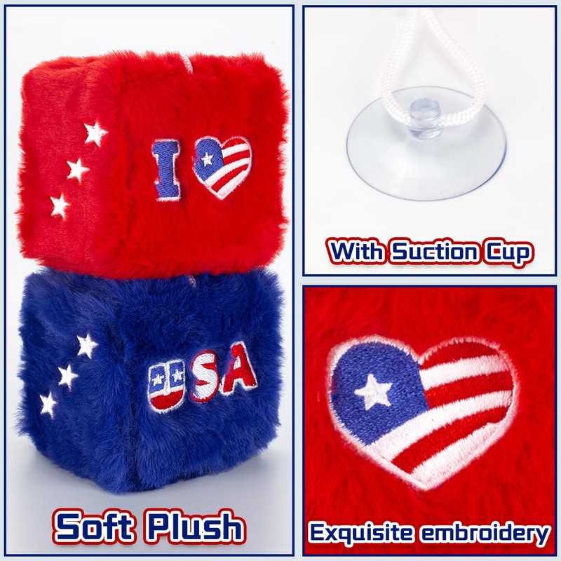 4th of July Fuzzy Dice for Car Mirror, Patriotic Red