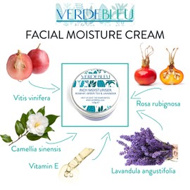 Verdebleu - 99% Natural - Facial Moisture Cream - Rosehip, Green Tea, Lavender. Face Moisturiser to Soothe, Nourish and Hydrate Dry Skin. pH 5.5, Sensitive Skin. 100 g.
