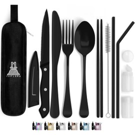Taplord Portable Travel Silverware Set With Case, Includes 10 Pcs of Travel Utensils With Case, Stainless Steel Flatware Set For Camping, Lightweight (Black)