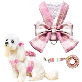 UETZLTB Cute Dog Harness and Leash Set with Bow Tie Soft Mesh Plaid Girl Puppy Harness No Pull Pet Cat Dog Vest Harness for Small Dogs Chihuahua Rabbit Outfit (Pink,XS)