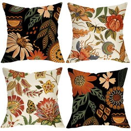 Fjfz Boho Fall Flower Decorative Throw Pillow Covers 18 x 18 Set of 4, Bohemian Autumn Vintage Floral Botanical Porch Outdoor Home Decor, Retro Farmhouse Butterfly Sofa Couch Cushion Case