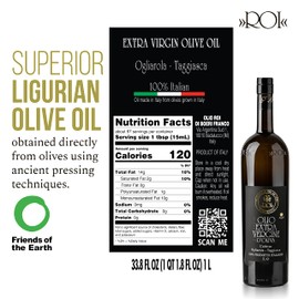 ROI Ligurian Italian Extra Virgin Olive Oil - First Cold Pressed EVOO Cultivar Ogliarola-Taggiasca Ligurian Olives - Polyphenol Rich Olive Oil From Liguria Italy - 34 fl oz (1 liter)