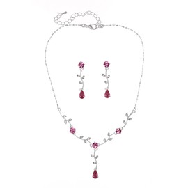 Venus Jewelry Vine design Teardrop Crystal Necklace Earrings Set - Silver Plated Pink Rhinestones N274
