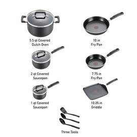 T-fal Signature Nonstick Cookware Set 12 Piece, Oven Broiler Safe 350F, Pots and Pans, Kitchen Cooking Set w/Fry Pans, Saucepans, Saute Pan, Dutch Oven, Griddle, Kitchen, Home, Dishwasher Safe, Black