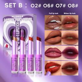 2 in 1 Lipstick, Two-tone Shimmer Lipstick Pearlescent Velvet Moisturising Non-stick Cup Lip Balm Gradient Bite Lip Lipstick Long-lasting High-Pigment Colour Lip Liner Lip Gloss (Set B)