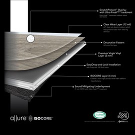 Allure 9" x 48" x 7mm, 12mil Luxury Vinyl Plank Flooring, Green Tea Tulip Look, Embossed, Waterproof, 1 Box, 7 Planks/Box, 20.06 sqft/Box