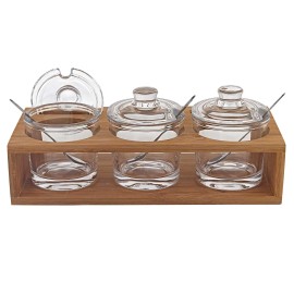 Homeroots 6 Mouth Blown Crystal Jam Set With 3 Glass Jars And Spoons On A Wood Stand