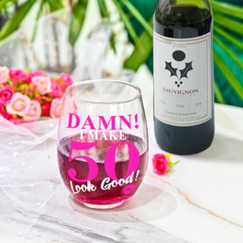 50th Birthday Gifts for Her - Cool Gifts for 50th Birthday 'I MAKE 50 Look Good!'Wine Glass, 50th Birthday Decorations, 50 Funny Gift Ideas for Friend, Sister, Daughter, Wife, Coworker - 16oz