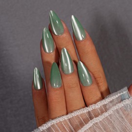 SXVME 30 Pcs Glitter Cat Eye Press on Nails Almond Medium - Pastel Green Fake Nails Acrylic, Soft Gel Glue on Nails with Glazed Finish, Bright Sparkle Chrome Stick on Nail for Women Vacation