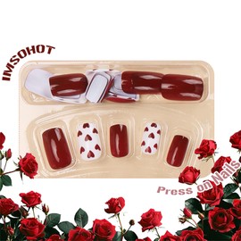 IMSOHOT Valentine's Day Press on Nails Short Square Fake Nails Wine Red False Nails with Heart Design Glossy Glue on Nails Full Cover Artificial Squoval Cute Red White Nails for Women Girls 24Pcs