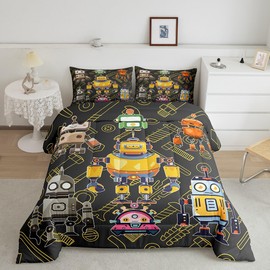 Colorful Robot Kids Comforter Set Full Size,Cartoon Cute Equipment Graffiti Duvet Set Bedroom Decor,Iintelligent Machine Dark Gray Microfiber Soft Bedding Set
