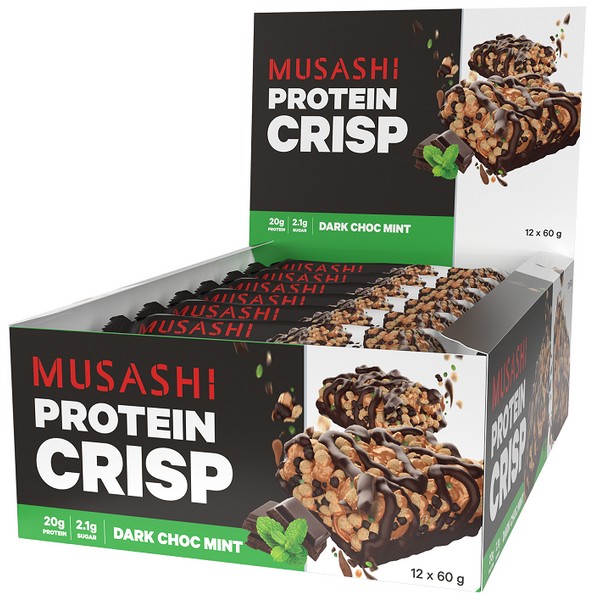 Musashi Protein Crisp Bars 12 x 60g - Dark Choc Mint - Expiry 26/09/24
