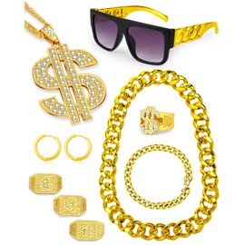 Hoedia 10 PACK 80s 90s Hip Hop Costumes Outfit Kit with Fake Gold Chains, Money Chains, Sunglasses, Dollar Sign Finger Rings, Earrings, Bracelet for Rapper Accessories for Men and Women Dress Outfits
