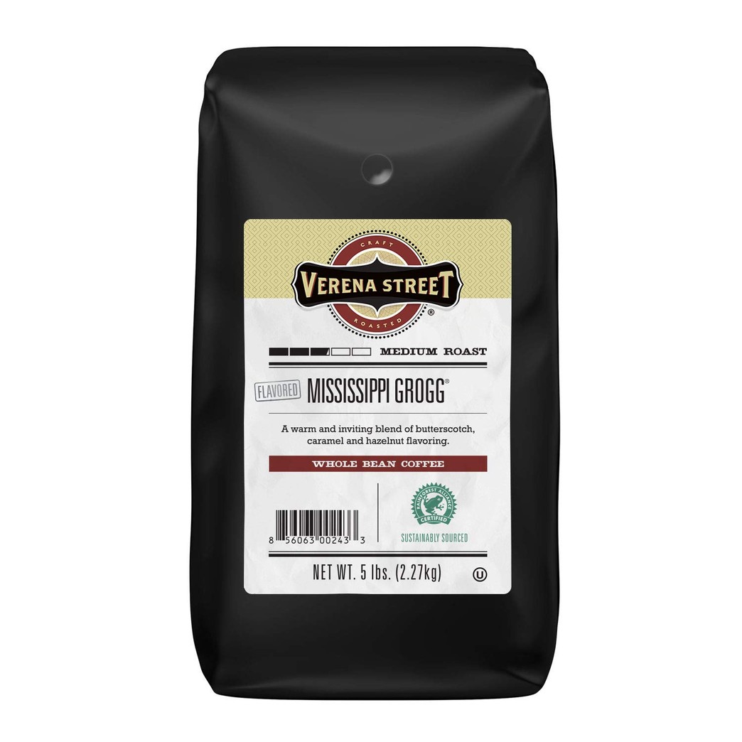 Verena Street 5 Pound Flavored Whole Bean Coffee, Mississippi Grogg, Medium Roast, Rainforest Alliance Certified Arabica Coffee
