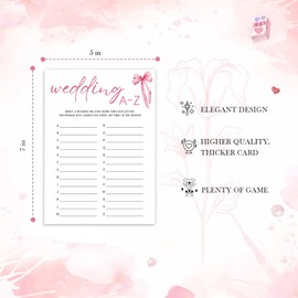 Wedding Shower Games Cards, Wedding Words A to Z, Bridal Shower Games 25 Guests, Engagement Party Wedding Games for Guests, Pink Ribbon Bow Wedding Party Supplies - E15