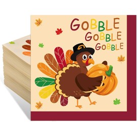 50 Pcs Thanksgiving Day Paper Napkins, Turkey Disposable 3-Ply Cocktail Napkins, Cute Gobble Luncheon Napkins for Fall Thanksgiving Party Decorations, Autumn Harvest Dinner Supplies