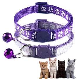 2-Pack Cat Collar with Bells, Purple Breakaway Kitten Bell Collar Cute Cat Claw Print Nylon Safe Kitty Collars Adjustable for XXS XS Tiny Little Cats