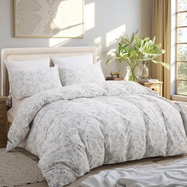 Cozaline 100% Cotton Floral Duvet Cover Set King Size Ultra Soft Breathable Grey Floral and Leaf Comforter Cover Set 3 Pcs All Season Cozy Floral Bed Cover with Zipper Closure