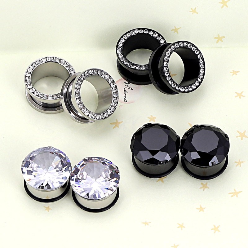 Qmcandy 8pcs Stainless Steel Cubic Zirconia Tunnels for Ears Single