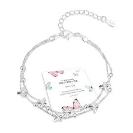 XOEMEL Women's 925 Silver Butterfly Bracelet, Rose Gold with Beads, Adjustable Layered Bracelet, Women's Friendship Bracelets, Gifts for Women, 17.7 Inches, Sterling Silver