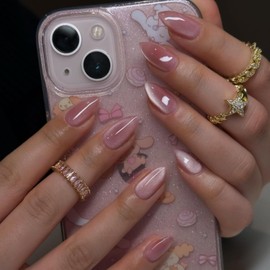 KQueenest Pastel Pink Cateye Press on Nails Almond Medium Glazed Glitter False Nails Medium Stiletto, Shiny Bling Acrylic Fake Nails Set Sparkly Stick on Nail for Women Wedding Finger Wear 30 Pcs