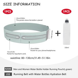Running Belt with Bpa-Free Water Bottle Adjustable Hydration Belt for Men and Women with 3 Zippered Pockets and 360° Reflective Stripes for Running Hiking Marathon Travel (L,Green)