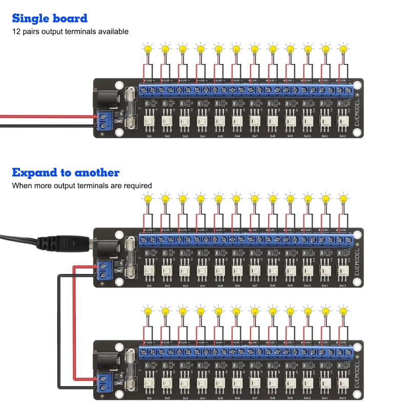 Evemodel 3V-24V DC Power Distribution Module 12 Channel Individual Switches