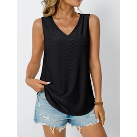 AUTOMET Womens Eyelet Embroidery Summer Tank Tops Sleeveless V Neck Loose Fit Shirt Fashion Casual Clothes 2025 Black L