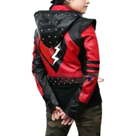 A-star plus Decndents the rise of costume red Kyle cetrall hooded jacket women, red studded costume jacket coat adult (US, Alpha, X-Large, Regular, Regular, Faux Leather)