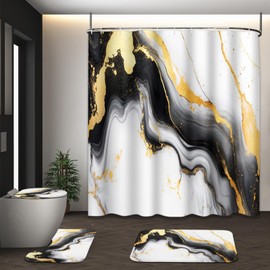 Black White Gold Marble Shower Curtain Set with Toilet Lid Cover and Non-Slip Rugs, Abstract Luxury Ink Texture 4 Pcs Shower Curtain with 12 Hooks, Modern Bathroom Set with Rugs and Accessories