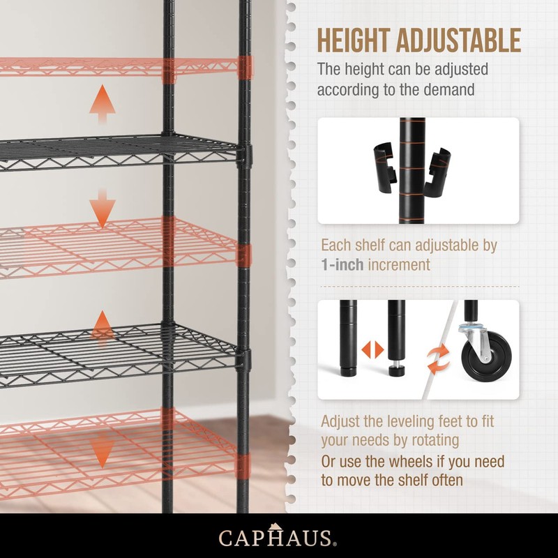 CAPHAUS NSF Commercial Grade Heavy Duty Wire Shelving w/Wheels, Leveling