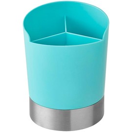 GEEX DEPOT Blue 3-Compartment Straw & Utensil Holder with Stainless Steel Base - Compact Cylinder Organizer for Countertops in Cafes, Restaurants, and Self-Serve Stations