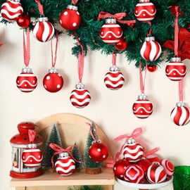 Chuangdi Christmas Ball Ornaments Christmas Tree Decorations Striped Swirl Polka Dots Hanging Ball 2.36'' Plastic Christmas Balls Decorative Ornaments for Holiday Decor(Stripes Dots,24 Pcs)