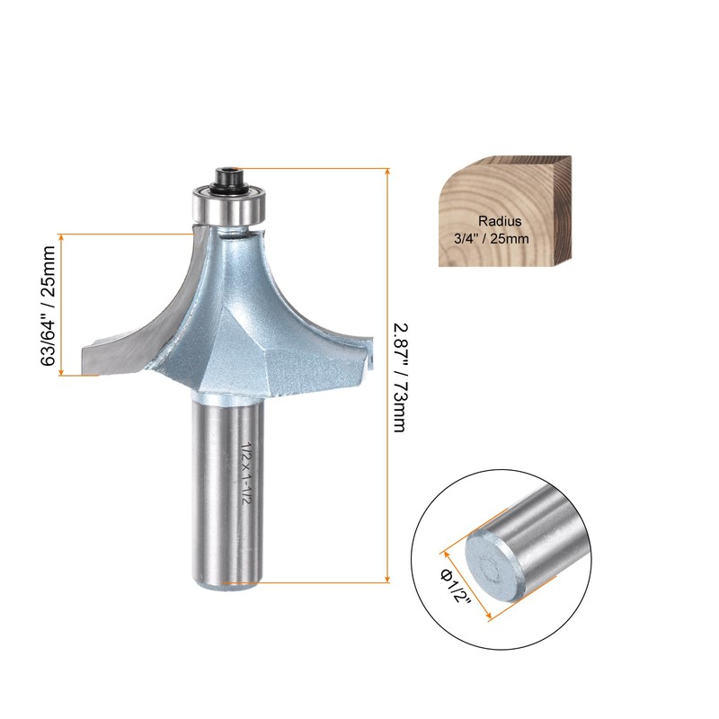 sourcing map 2pcs Roundover Router Bit 1/2 Shank 3/4" Radius