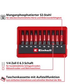 Einhell Impact Bit Set 10 Pieces (50 mm Bits PH/PZ/T/H, S2 Steel, E 6.3 Shank, Pocket Case with Stand Function)